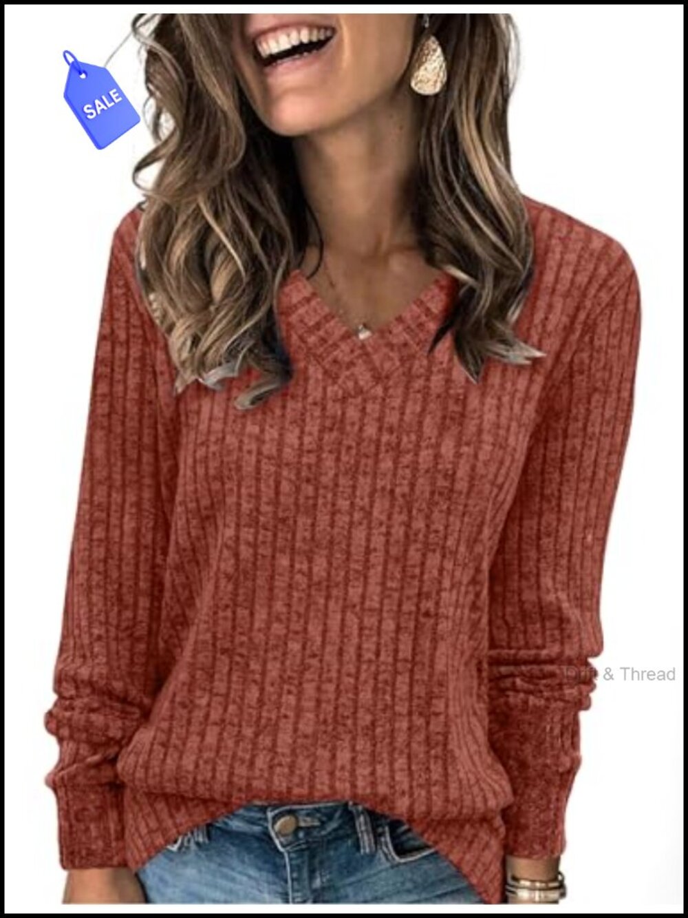 V Neck Long Sleeve Tunic Sweater Loose Fit Fall Winter Top